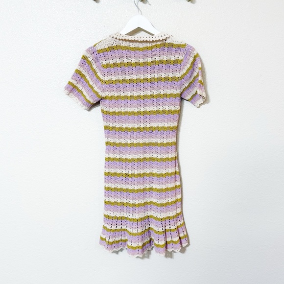 SANDRO Multicoloured Crochet Wavy Lined Collared Keyhole Ruffle Polo Dress US 8 - Picture 7 of 10